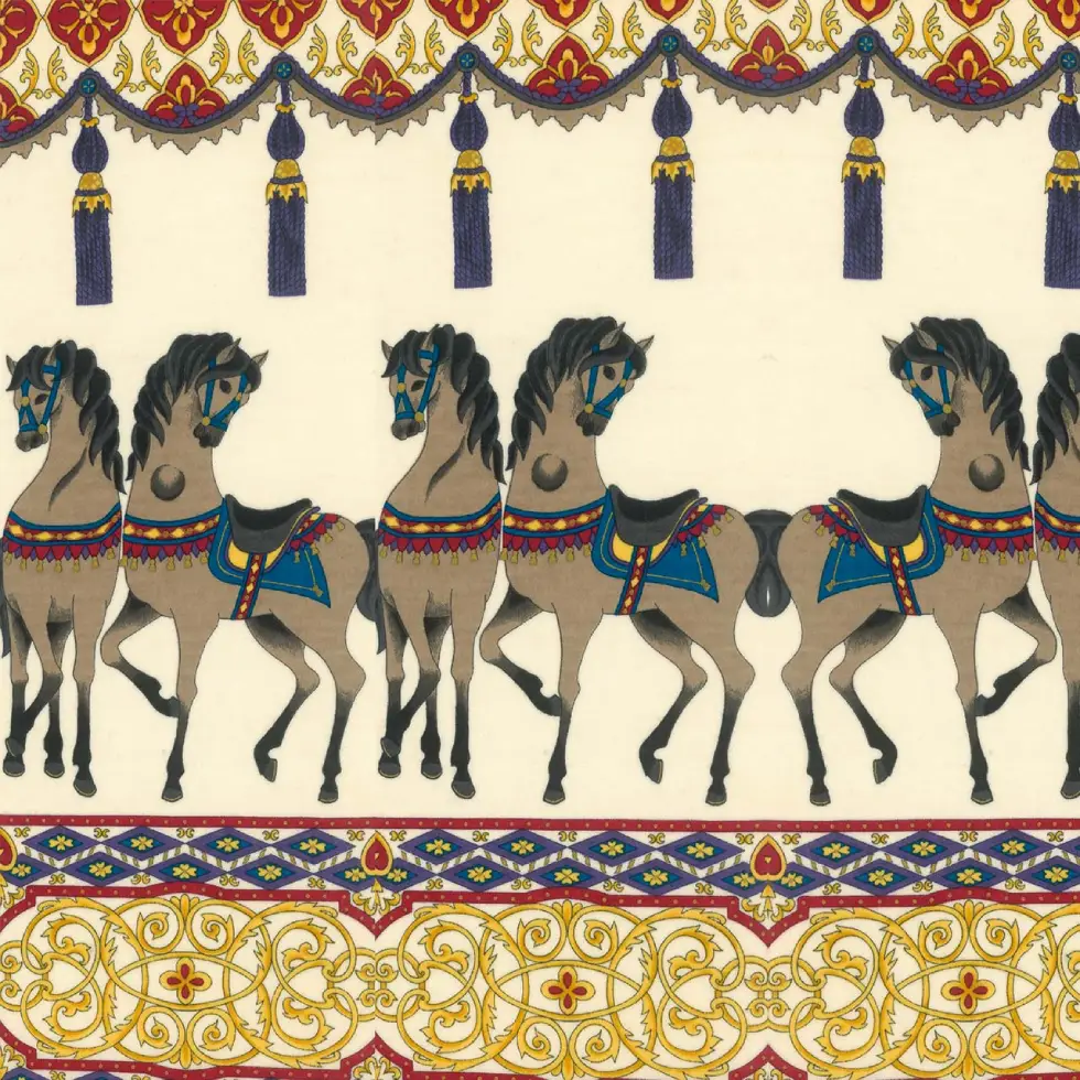 絲巾 馬圖案，淡黃色底