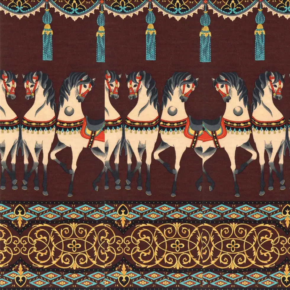 絲巾 馬圖案，紅褐色底